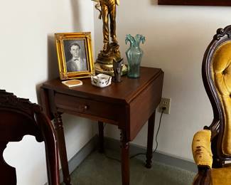 Precious drop leaf side table, walnut, circa 1880. There are wonderful tables including cypress, walnut, and mahogany pieces. This lamp shown is pretty cool too!