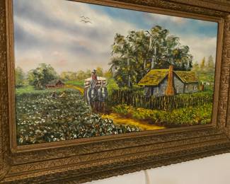This oil is from a local artist depicting cotton farming. Framed in a gorgeous antique frame.