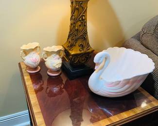 nice banded wooden end table with large Fitz and Floyd swan and pair of Hull pottery