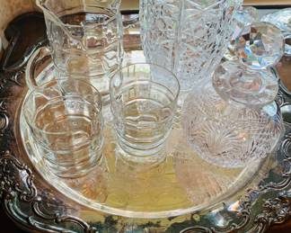 beautiful vintage crystal barware including pitchers, ice buckets and "On the Rocks" tumblers