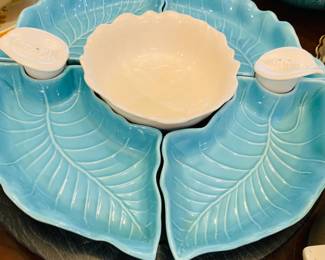 Vintage 8 piece California Pottery Aqua and White serving set