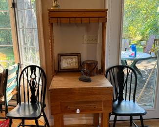 2 Antique Windsor Chairs & Antique Butcher Block Table with Pot Holder Rack