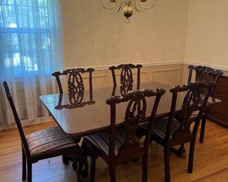 Universal Furniture Pedestal Dining Table (68"L x 44"W x 30"H w 2 leaves 15"L each) with Chippendale Style Armchair (2 Arm / 6 Side Chairs)