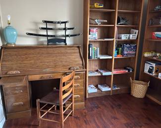 Roll top desk, office furniture and supplies.