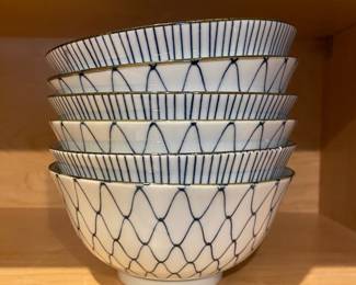 Set of Six Black/Whtie Ceramic Rice Bowls with Geometric Design - Made in Japan