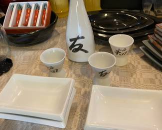 Set of 4 Rectangular White Condiment Bowls, Japanese White Sake Bottle with 3 Sake Cups