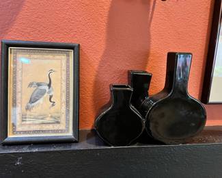 Hosley Ceramic Pottery Black Triple Connected Vase, Jahangir Period Mansur Crane Print