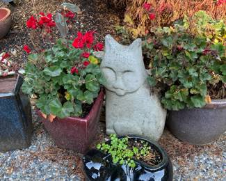 Concrete Cat Statue, Black Ceramic Cat Planter, Potted Red Geraniums