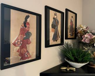 3 Framed Japanese Prints - Hishikawa Moronobu - Beauty Looking Back, Beauty With Umbrella In The Snow Hokusai, Utagawa Toyokuni – Girl with Iris