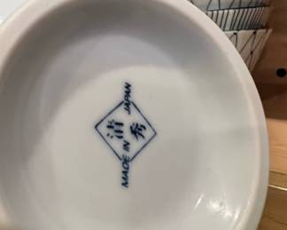 Set of Six Black/Whtie Ceramic Rice Bowls with Geometric Design - Made in Japan