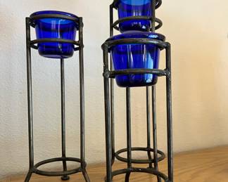 Set of 3 Black Metal/Cobalt Blue Glass Votive Holders