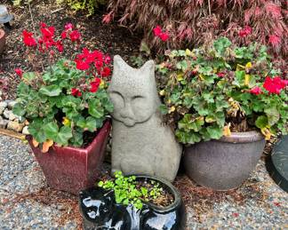 Concrete Cat Statue, Black Ceramic Cat Planter, Potted Red Geraniums
