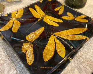 Two Black and Gold Glass Square Plates with Dragonfly Design
