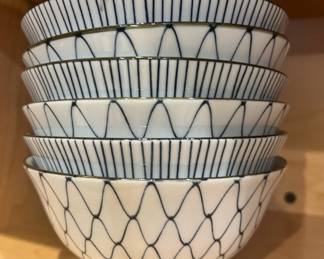 Set of Six Black/Whtie Ceramic Rice Bowls with Geometric Design - Made in Japan