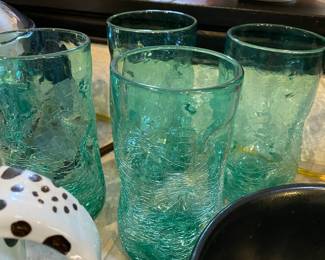 Set of 4 Sea Green Crackle Glass Tumblers
