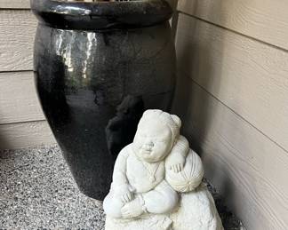 Tall Black Ceramic Planter, Outdoor Baby Monk Statue