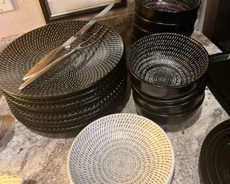 Tabletops Unlimited Celestial Black - Set of 9 Dinner Plates, 8 Salad Bowls, Tabletops Unlimited Celestial Ivory - Set of 2 Soup Bowls