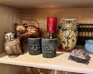 Welded Bronze Coated Cat Candle Holder, Tin Metal Standing Cat Candle Tea Light Holder, Yellow Floral Japanese Vase with Two Handles, Japanese Wood Carved Frog Sculpture