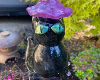 Solar Blown Glass Halloween Black Cat Yard Stake