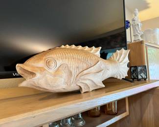 Hand Carved Wood Koi Fish Sculpture