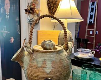 Cream/Brown Stoneware/Drip Glaze Teapot  with Wicker Handle