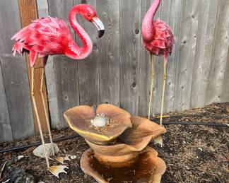Pair of Metal Flamingo Garden Statues, Leaf Design Outdoor Water Fountain