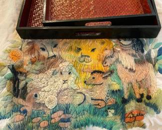 Pair of Red and Black Nesting Lacquered Trays, Noah's Ark Animals Needlepoint
