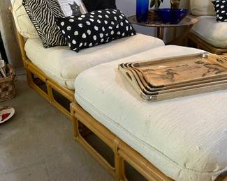 White Cushioned Bamboo Lounge Chair with Ottoman