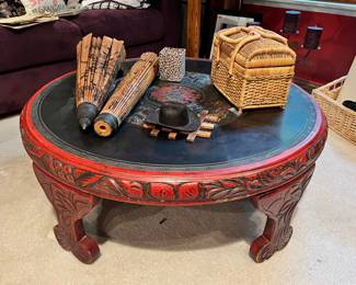 Hand Carved Red/Black Painted Asian Coffee Table, Two Asian Parasols - Bamboo & Paper