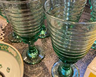 Set of Ribbed Green Wine Goblets