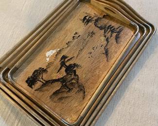 Set of 4 Painted Nesting Wood Trays with Chrome Handles 