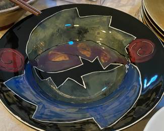 Blue/Black/Red/Green Abstract Design Pottery Bowl
