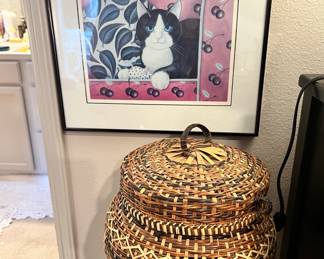 1990’s Framed Black & White Cat Print, Woven Wicker Basket with Lid