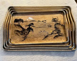 Set of 4 Painted Nesting Wood Trays with Chrome Handles 