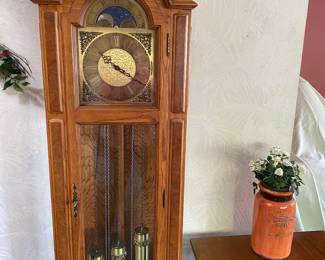 Vintage Molyneux Grandfather Clock, Brass Pull Weights