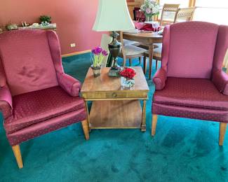 Thomasville Red Silk Brocade Wing Back Arm Chairs