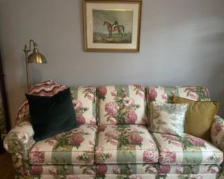 Pink Flowers/Green Stripes Chintz Sofa