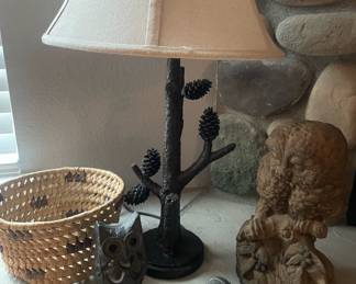 Crest View Pioneer Table Lamp with Pinecone Design, Metal Owl Tea Light Holder