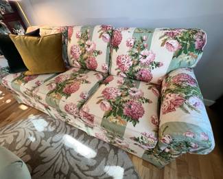 Pink Flowers/Green Stripes Chintz Sofa