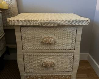 White Wicker Rattan Side Table with Two Drawers
