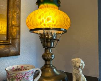 Mid Century Yellow/Green Brass Parlor Lamp