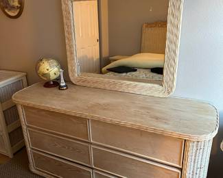 White Wicker Rattan 6 Drawer Dresser with Mirror