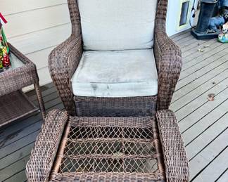 Outdoor Wicker Arm Chair with Tan Cushions and Ottoman