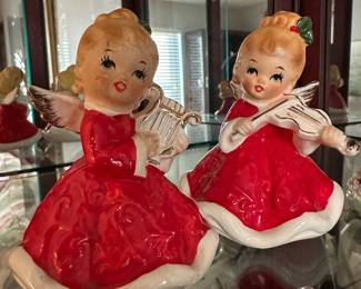 Pair of Lefton Angel Figurines - Angel Playing Harp, Angel Playing Violin
