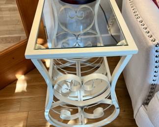 Antique White Metal Magazine Table with Glass Top