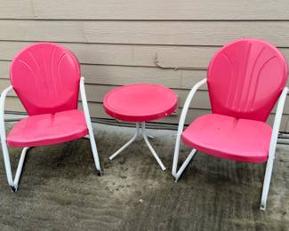 Pemberly Row 2 Pink/White Outdoor Patio Metal Chairs and Table