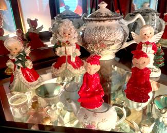 Pair of Sitting Red Pixies, Napco Christmas Angel Girl Holding Presents Figurine - S116A, Lefton Christmas Angel Bell, Napco Angel with Gift Figurine - A1928, Johnson Brothers Friendly Village Teapot