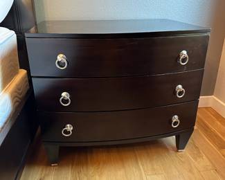 Dark Wood Art Deco Bedroom Set - Queen Bed Frame/Headboard, Pair of 3 Drawer Side Tables, Low Boy 6 Drawer Dresser