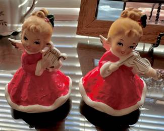 Pair of Lefton Angel Figurines - Angel Playing Harp, Angel Playing Violin
