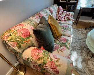 Pink Flowers/Green Stripes Chintz Sofa